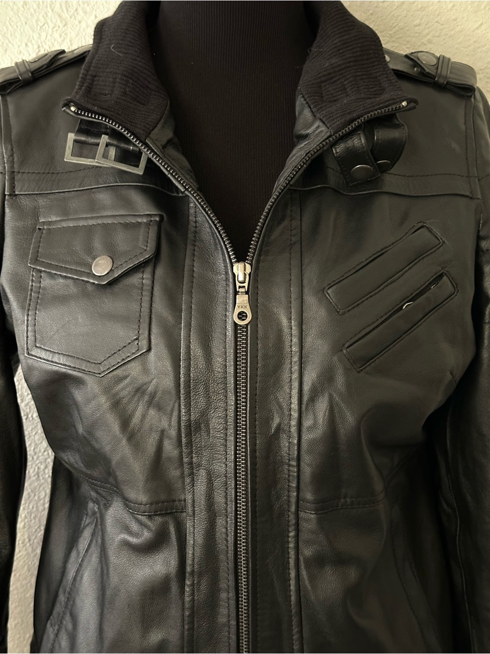 Women's Black Leather Zip-Up Jacket with Snap Pocket Detail